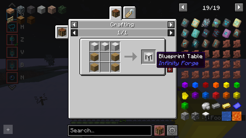 Describes the recipe to make a blueprint table using 3 iron blocks and 4 planks; shaped craft