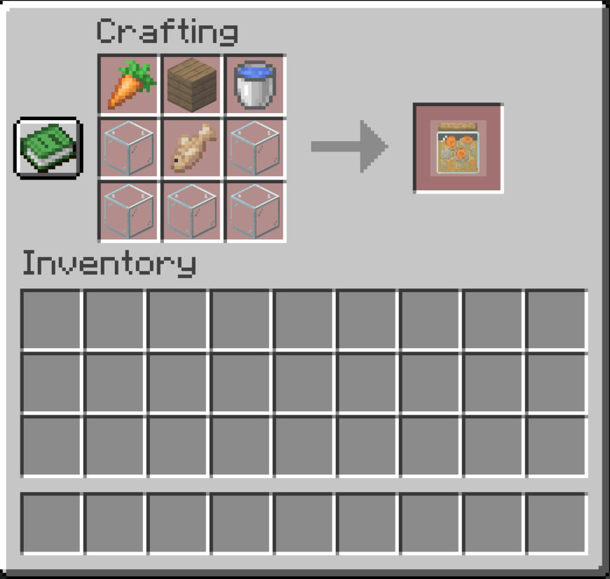 The recipe to make gefilte fish, top left is a carrot, top middle is a plank, top right is a water bucket, the middle is a fish, and the rest is glass blocks