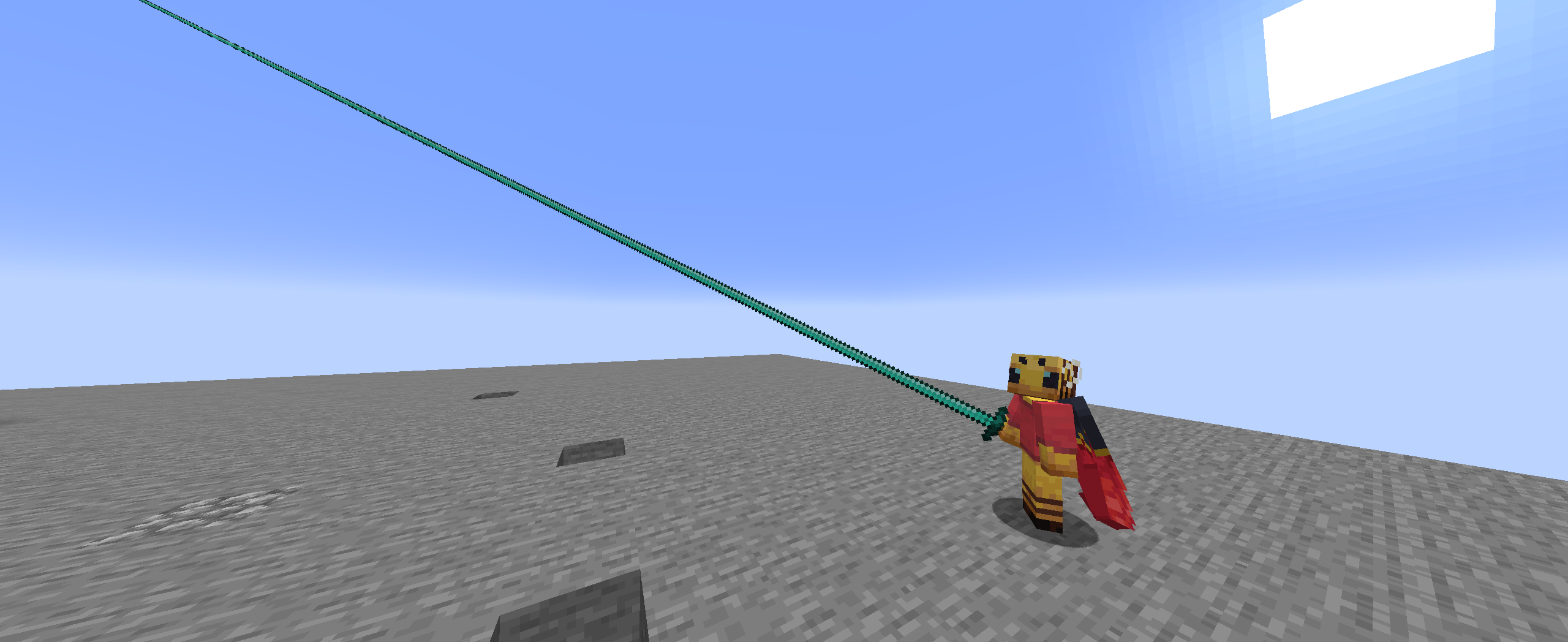A minecraft player holding a very, very long sword, in a void world on a stone platform.