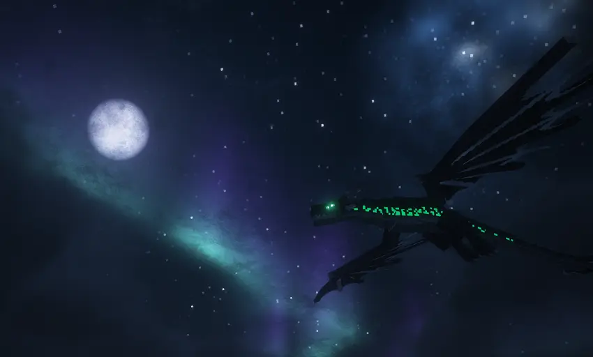 a silver dragon flying at night under the moon