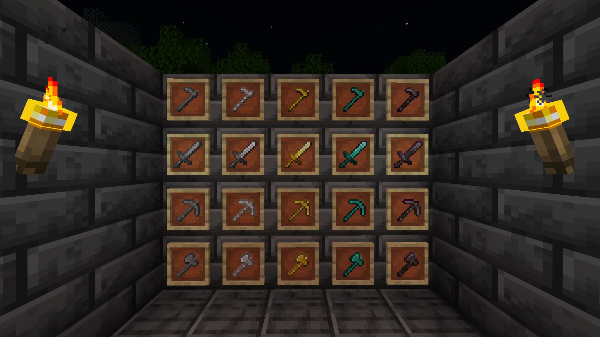 The handles having their colour to match the ores instead of sticks
