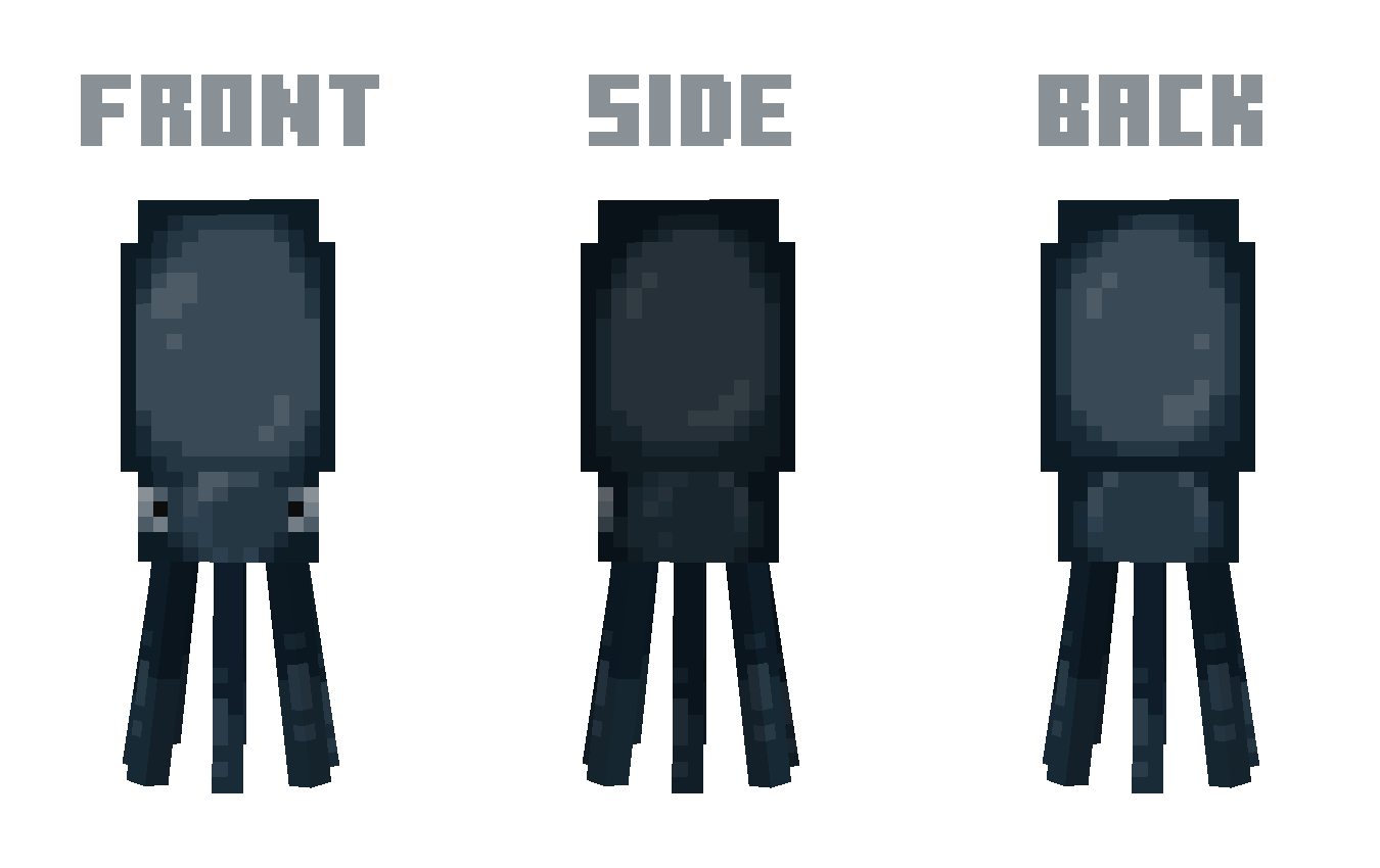 A image showing a squid from the front, the side, and the back. The 'Slightly Squidier' resource pack has been applied.