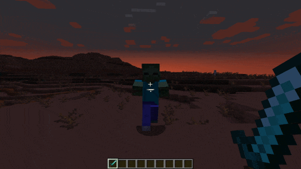 Player hits zombie with diamond sword, damage numbers pop up next to the zombie