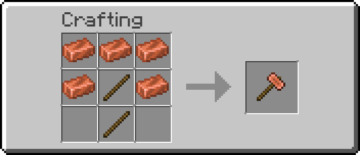 Crafting recipe for a copper hammer made with five copper ingots surrounding two sticks in the center column