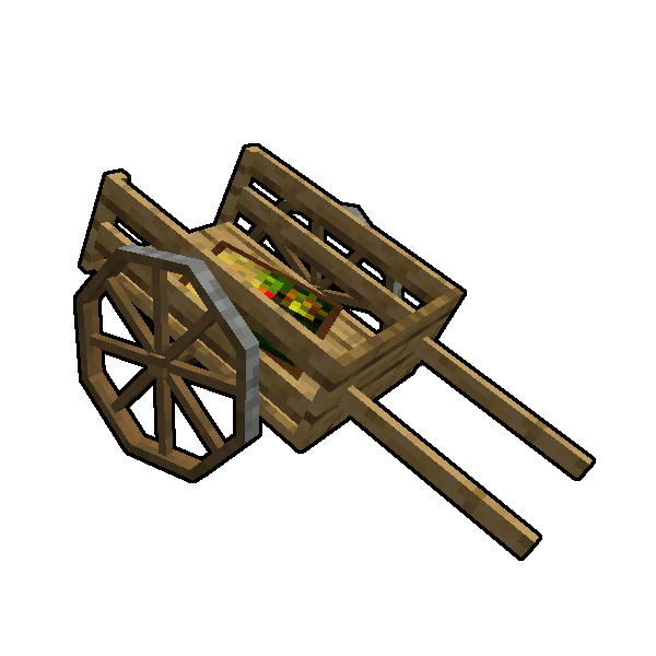 A wooden cart with items and blocks displayed on the back.