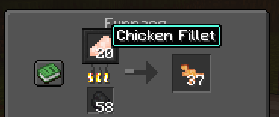 The furnace UI showing Chicken Fillet being cooked into a dino nugget.