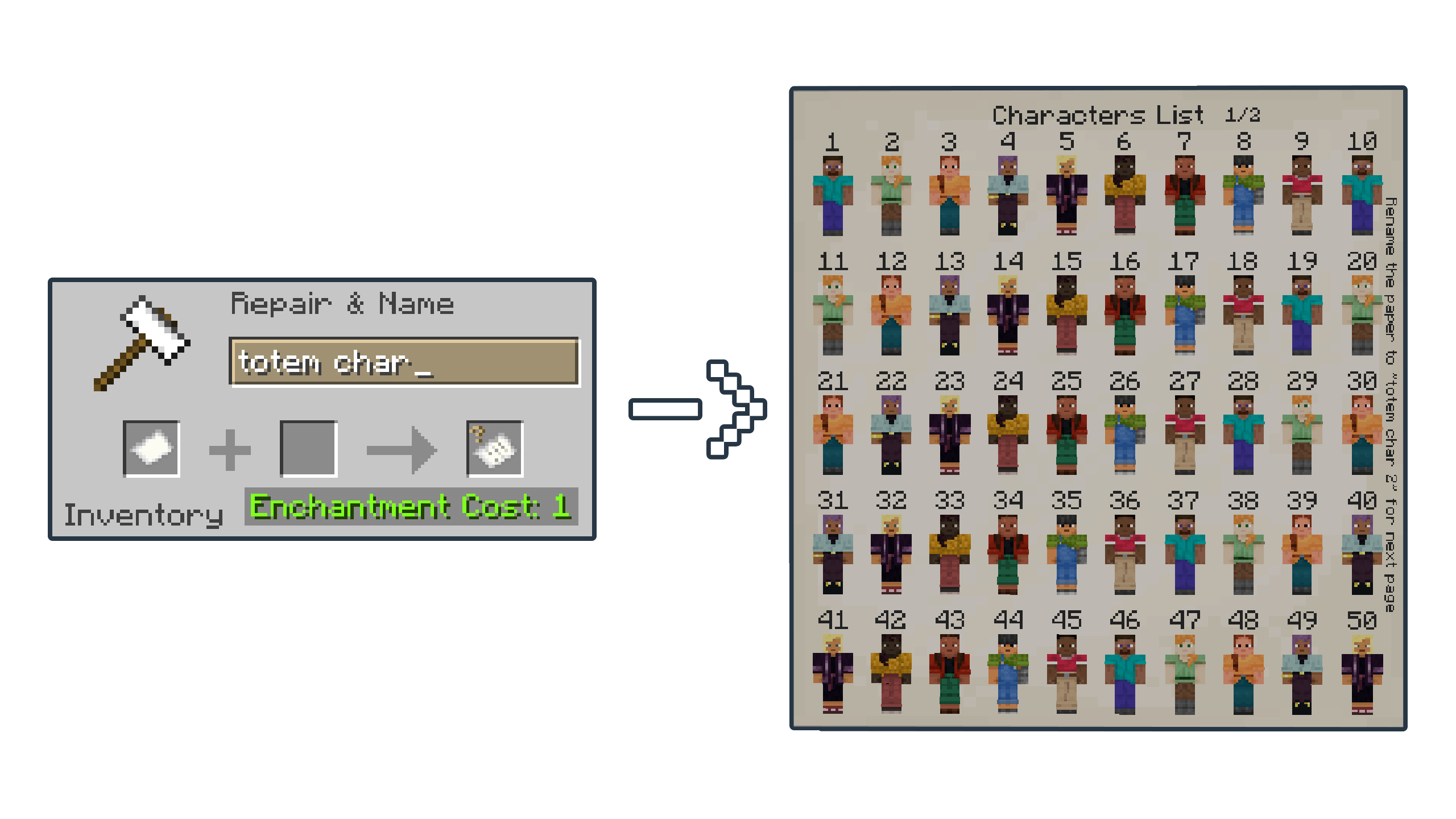 Visualization of Renaming a Paper to "totem char" to show the skins list from the Pack