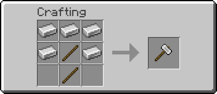 Crafting recipe for an iron hammer made with five iron ingots surrounding two sticks in the center column