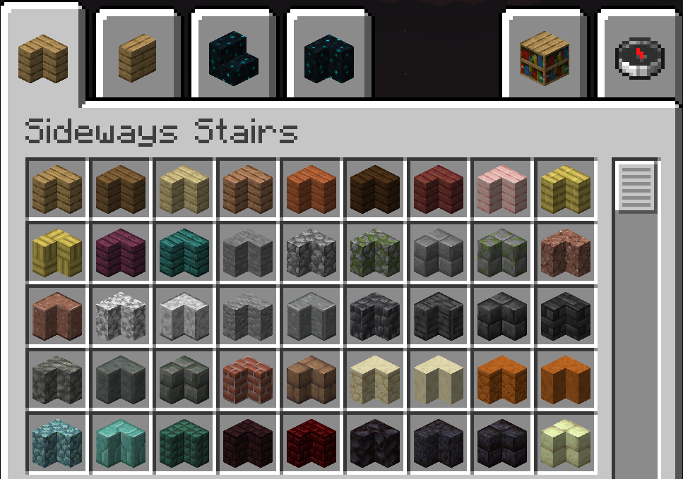 In-game screenshot of the custom creative inventory tab filled with sideways stairs
