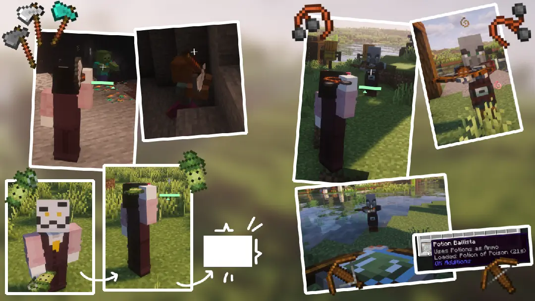 An image of modded Minecraft tools, divided into four corners. Top-left corner depicts a Tomahawk being thrown at a zombie. Top-right depicts a Boleadora/Bola being thrown at a Vindicator and hindering its movement. Bottom-left depicts a Flashbang and its effect. Bottom-right depicts a "Potion Ballista" being loaded with a Poison II potion.