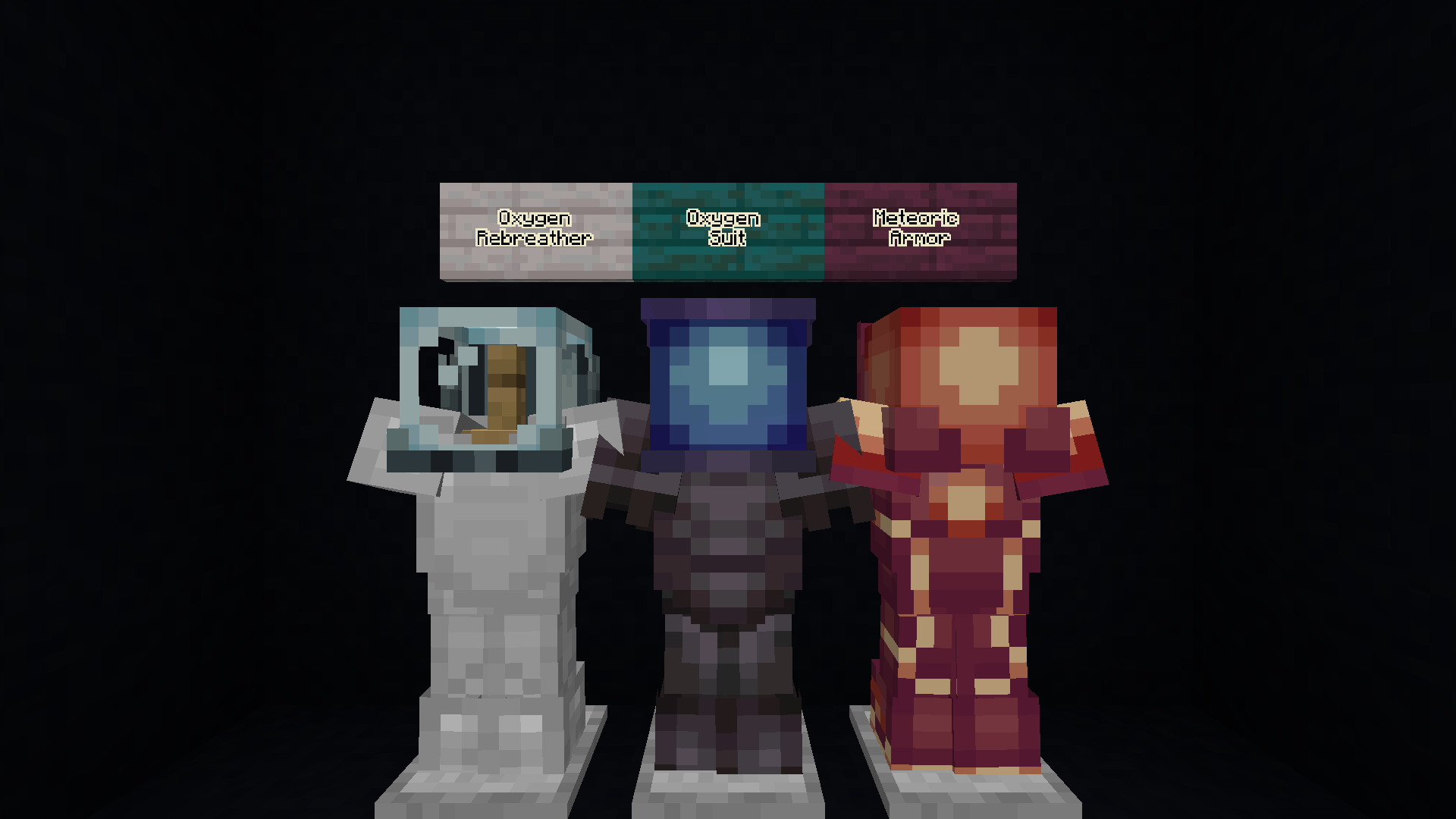 Armor stands with Oxygen rebreather, Oxygen suit, and Meteoric armor