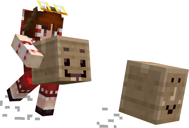 A promotional render of a Minecraft skin wearing goggles and holding a cardboard package and chasing a running cardboard package