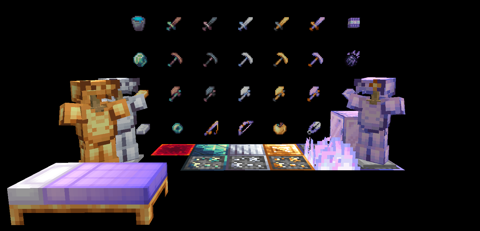 An image with various Minecraft swords, tools, and items in the zir16x texture pack.