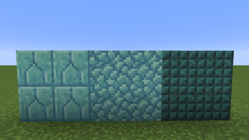 Prismarine, Prismarine Bricks and Dark Prismarine side by side showing the changes in colour.