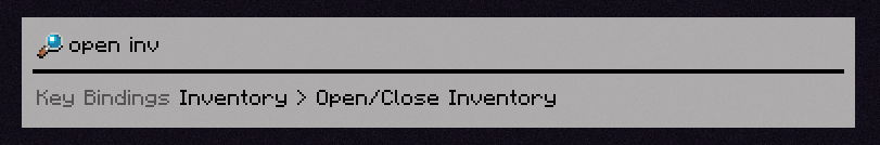 A search for 'open inv'. The 'Open/Close Inventory' keybind is shown.