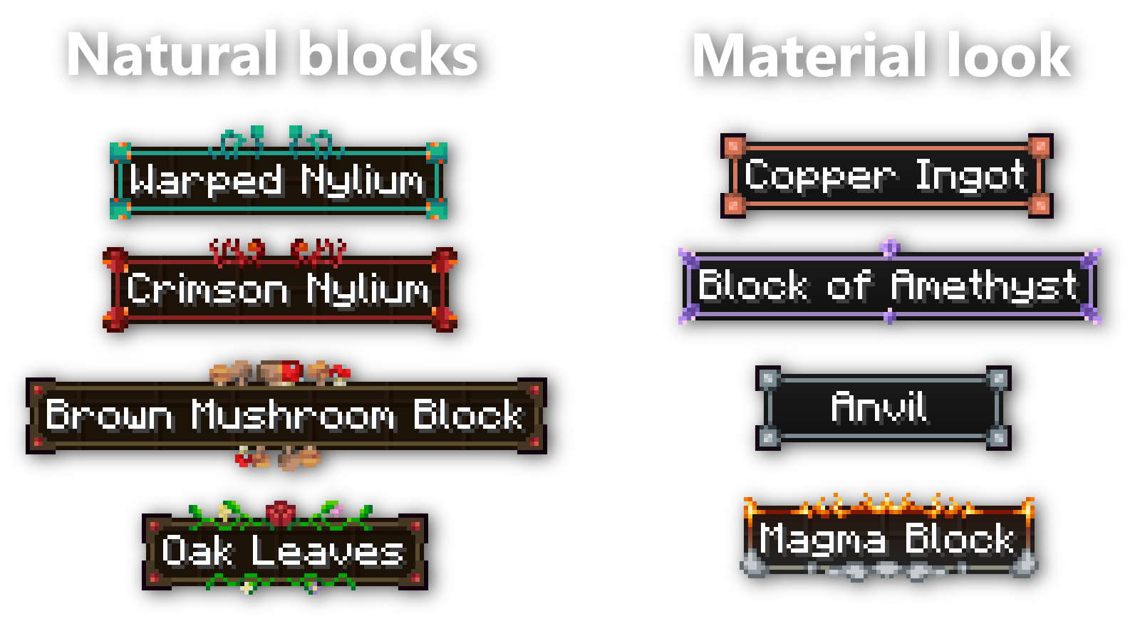 showcase of tooltips for natural blocks and materials