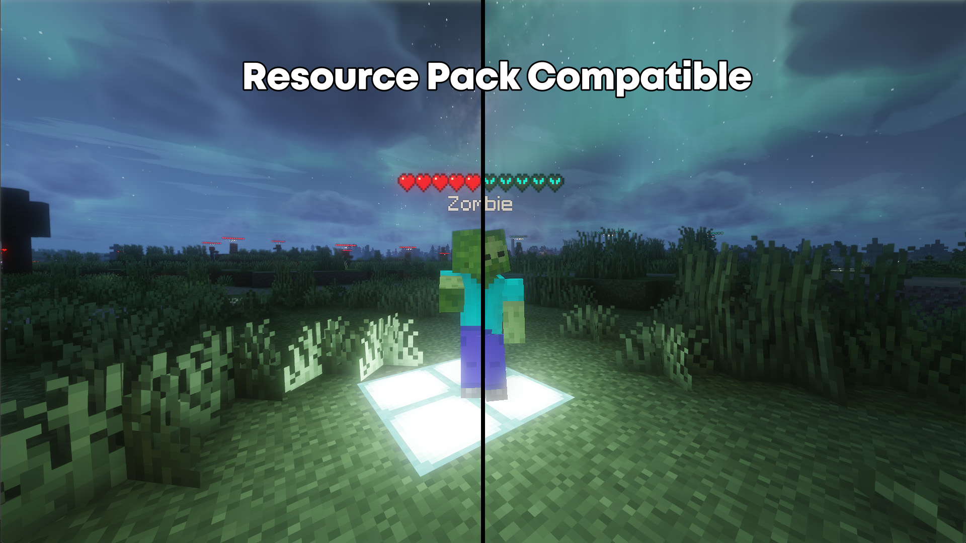 a image showing a side by side comparaison of the mod with resource packs on vs off