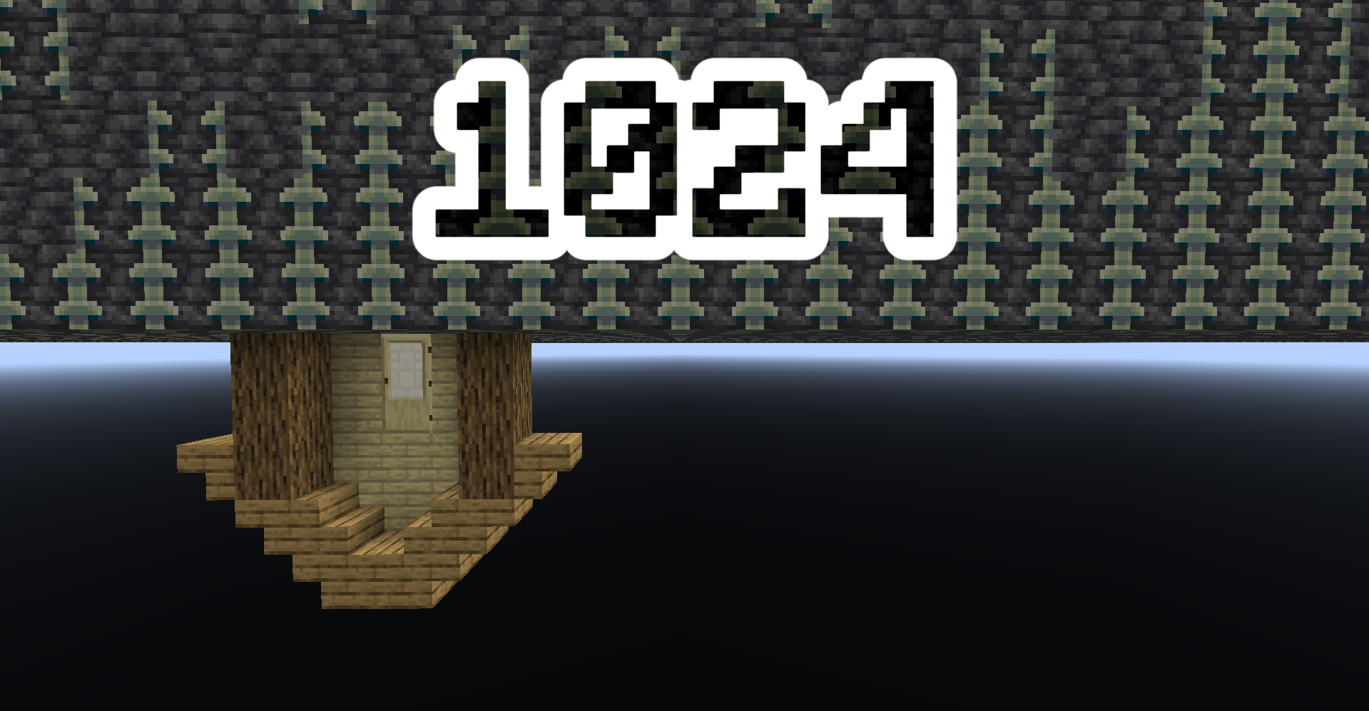 A house underneath the minecraft world, with text saying "1024" shown above.