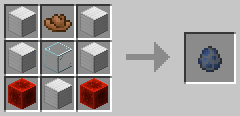 Row 1: Iron Block, Cowboy Hat, Iron Block. Row 2: Iron Block, Glass, Iron Block Row 3: Redstone Block, Iron Block, Redstone Block