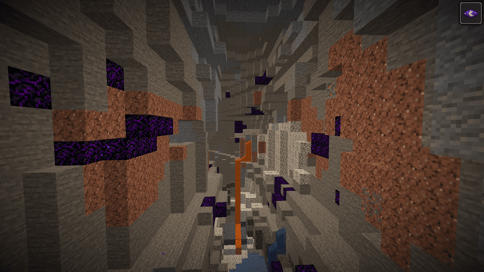 Image of a cave with this mod. The crying obsidians represent the ores generated by this mod, but they are changed to crying obsidian just for this picture.