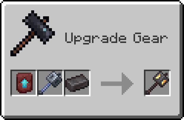 A smithing recipe showing a Netherite Upgrade Smithing Template and, a Mace a Netherite Ingot, resulting in the Netherite Mace item