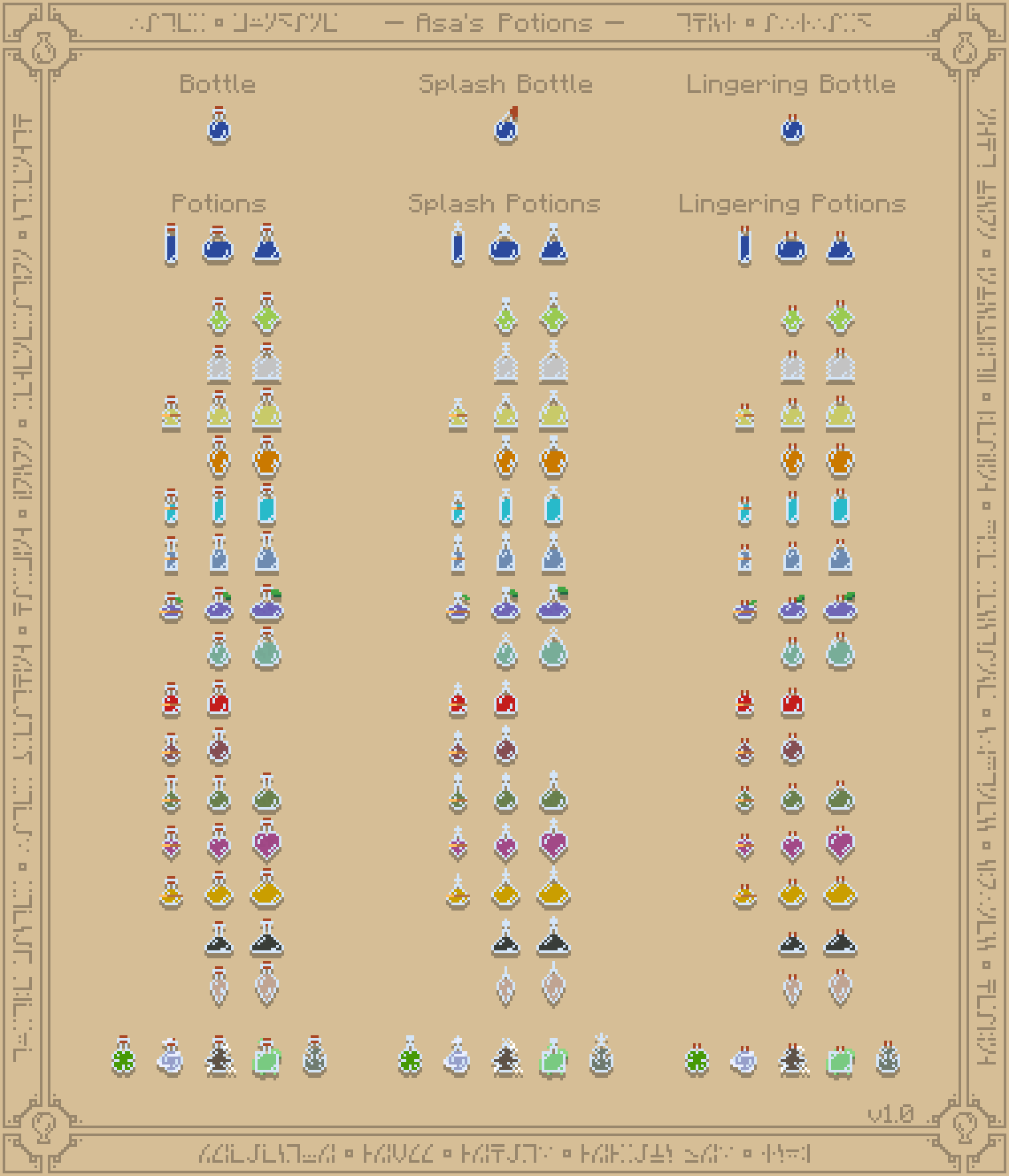 This image displays every unique potion texture for the 1.0 release of Bare Bones x Asa's Potions (Asa’s Bare Potions) by SimplyAsa.
