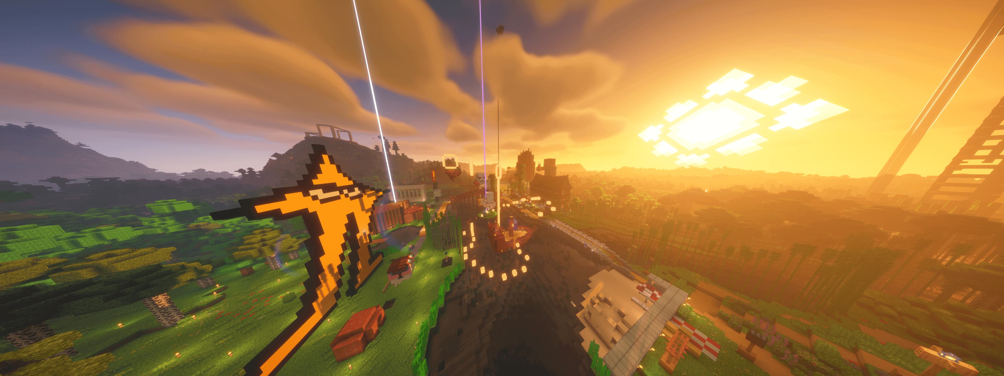 A minecraft base featuring a giant lake in the middle with a cherry tree in it, a ship and bridge on each side, and a massive manor behind it all.