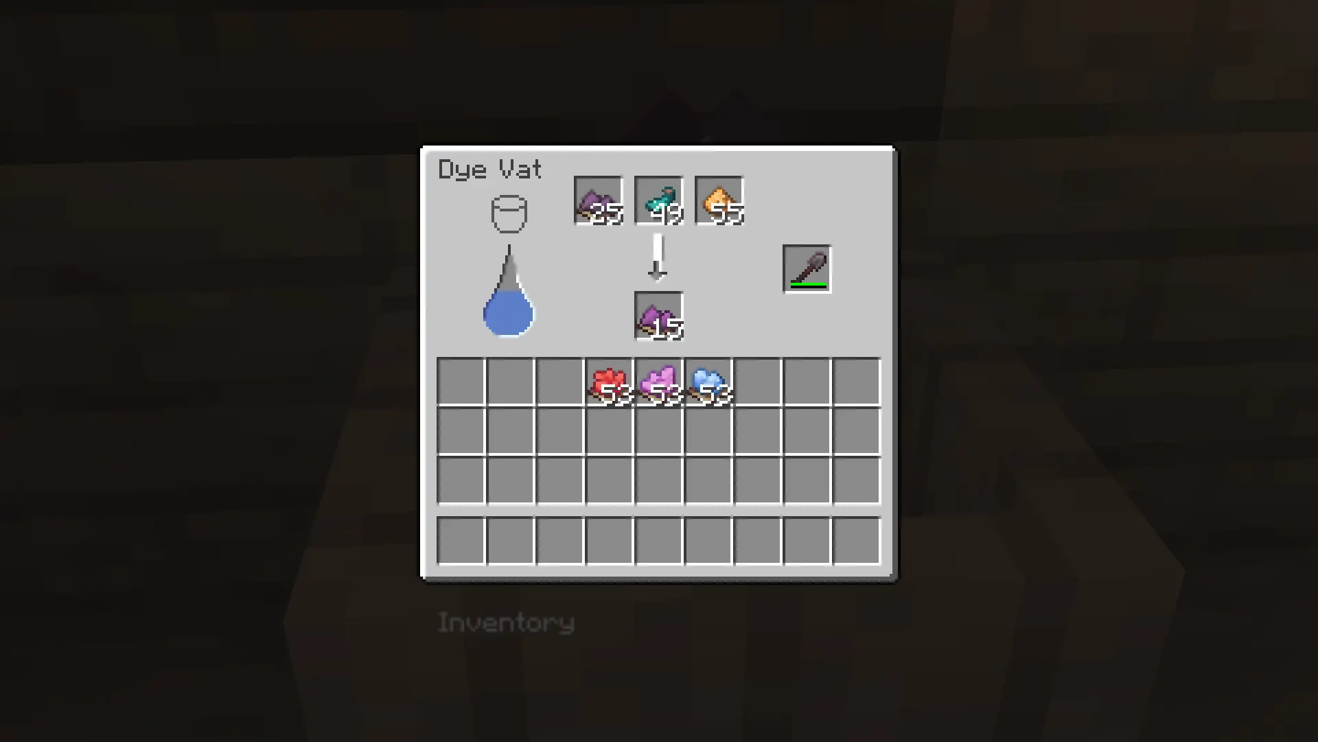 Same UI as before, but the water drop is filled halfway blue. A pale purple Mixed Dye is in the first slot, a Glow Ink Sac is in the second slot, and Glowstone is in the third slot. The arrow is half-filled with white now. The shovel slot has a netherite shovel in it. The output slot has a slightly more colorful purple Mixed Dye