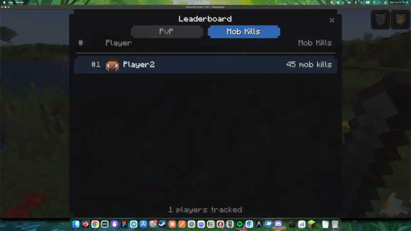 Krylix leaderboard screen on the Mob Kills tab, showing a player ranked by personal mob kill count.