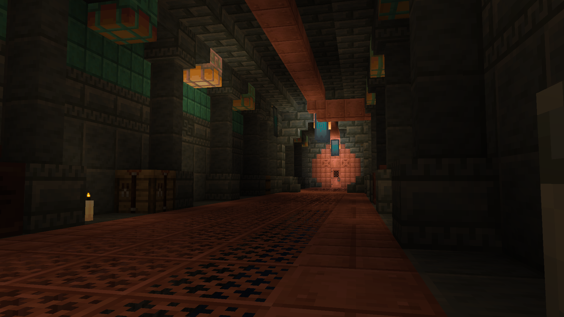 a hallway made of tuff blocks and the new retextured copper, with grating on the floor