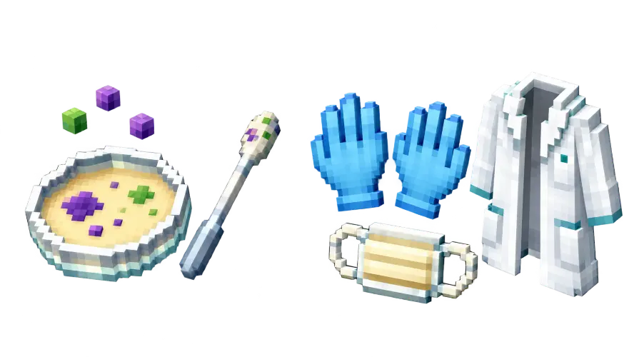 A sampled Culture Plate and used Swab beside Nitrile Gloves, a Face Mask, and an open Lab Coat, all based on current item sprites