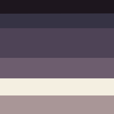 A palette of six colors, being 4 shades of purple and 2 shades of white