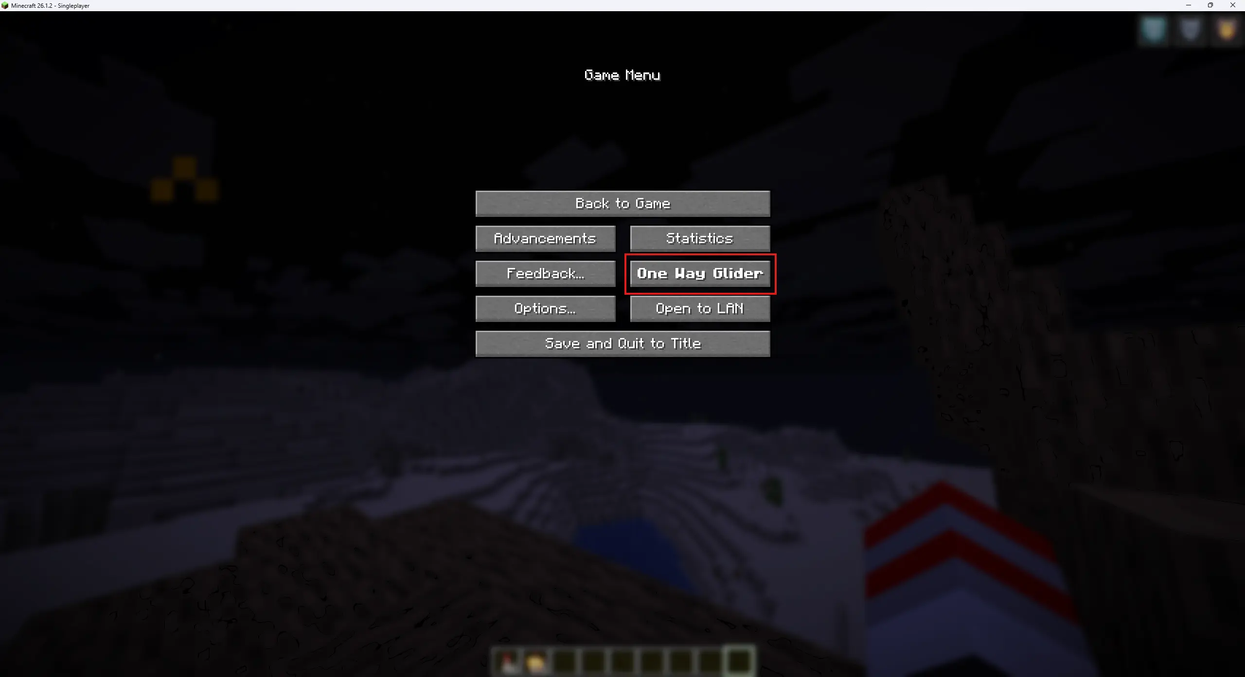 Picture of the minecraft pause screen with the button "One Way Glider" marked in red.