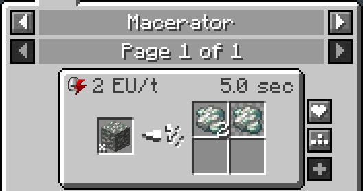 The macerator recipe window. Zinc ore is the input on the left and 2.5 zinc ore is the output on the right