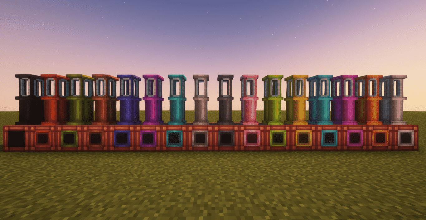 Image showing 16 pipes each of different color, with glass variants on top, and encased variants at the bottom