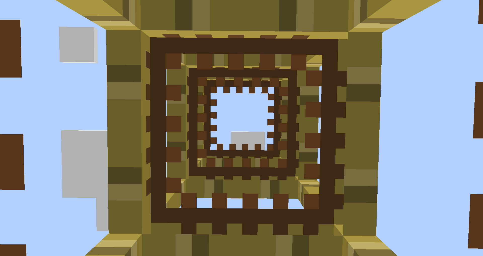 A first person shot in minecraft climbing scaffolding and looking up into the sky looking through the newly re-textured scaffolding using 'Better Scaffolding For Bore Bones'.