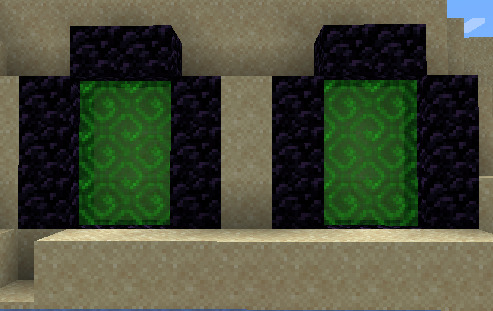 Two green portals in nether portal frames