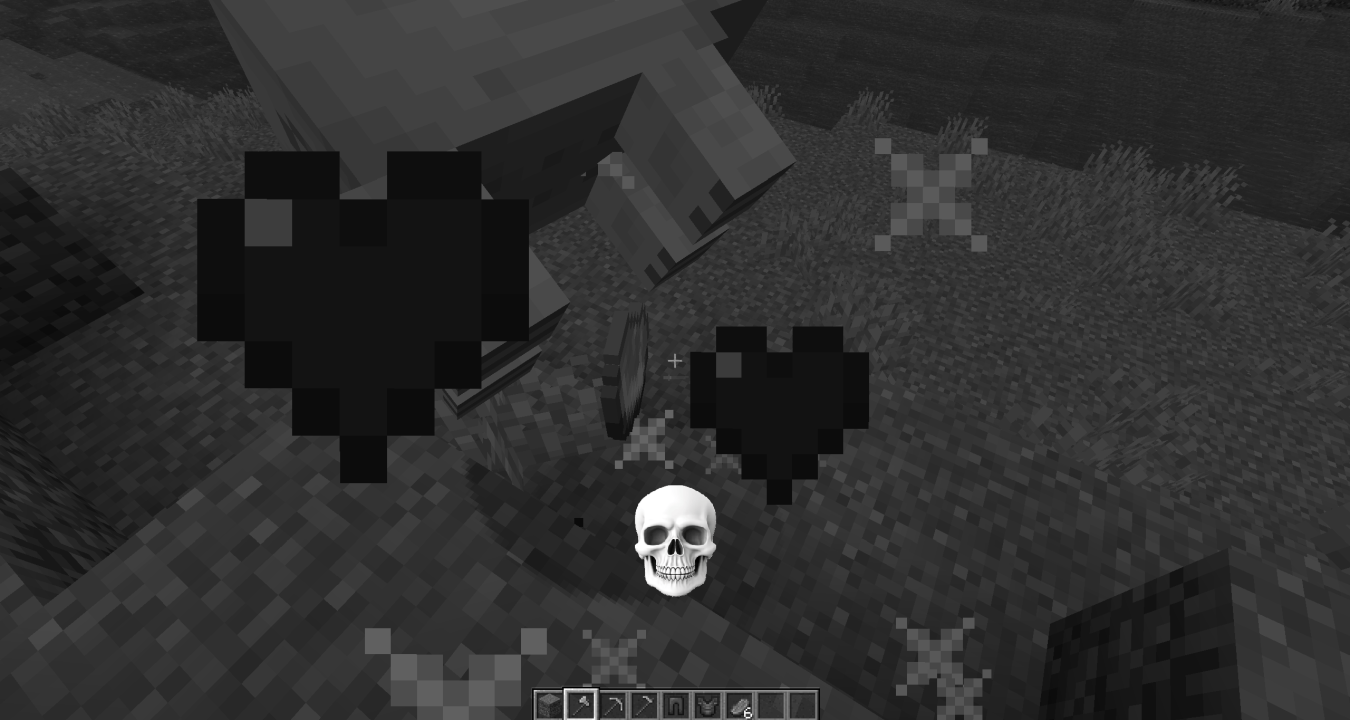 demostration of the mod, a grayscale image of minecraft with a skull on the lower thirds of the image. the player is hitting a pig.