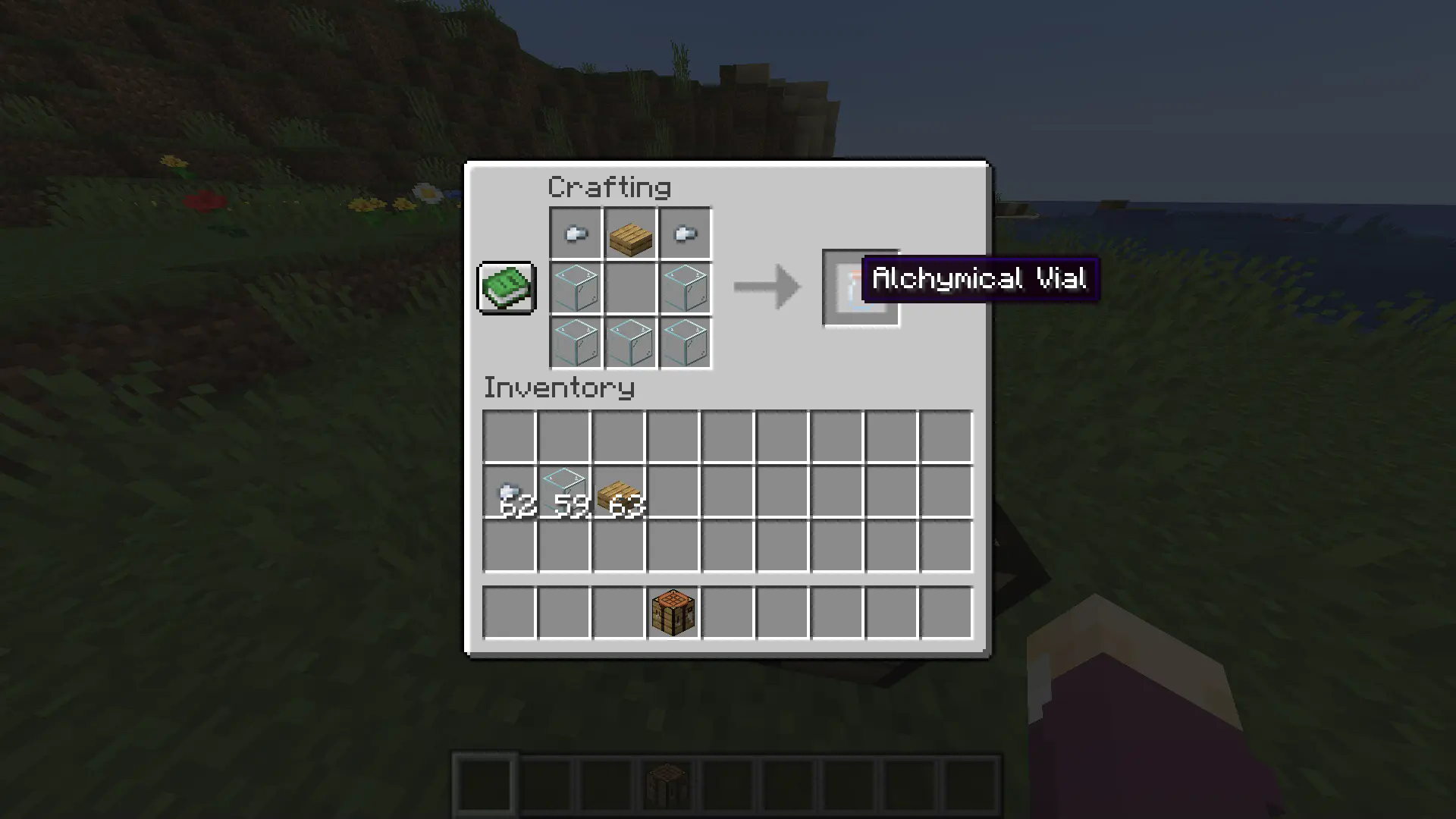 An alchymical vial being crafted in a crafting table with 5 glass, 2 iron nuggets, and a wooden slab.