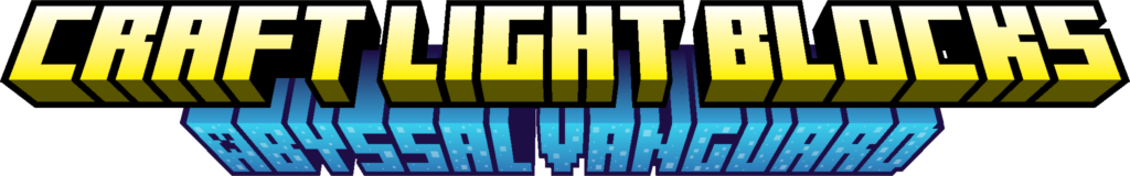 Minecraft title text. The top is yellow, saying craft light blocks. The bottom is blue, saying abyssal vanguard.