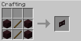 The recipe for the fence gate. Similar to the nether brick fence recipe, but the bricks are replaced by sticks