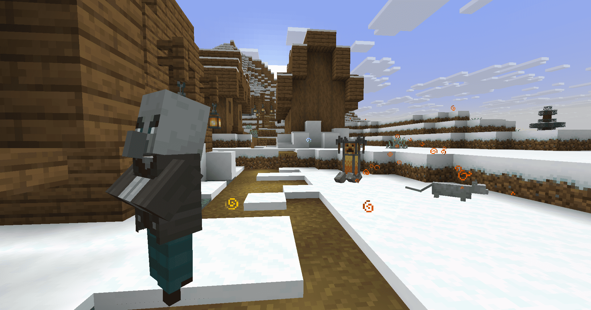 Brewer in the background, chasing a Vindicator in the foreground, in a snowy village