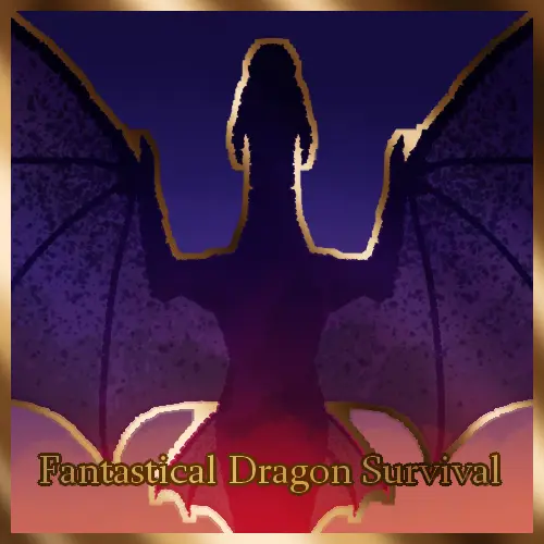 a silhoetted dragon in flight, viewed from above over a gradient sunset sky. the image and the dragon are boardered in gold, and gold lettering at the bottom reads "Fantastical Dragon Survival."