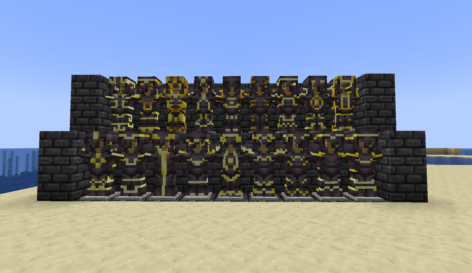 Shows netherite armor with every trim from Minecraft 1.21.1 using the Triangulum trim material