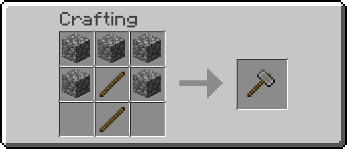 Crafting recipe for a stone hammer made with five cobblestone blocks surrounding two sticks in the center column