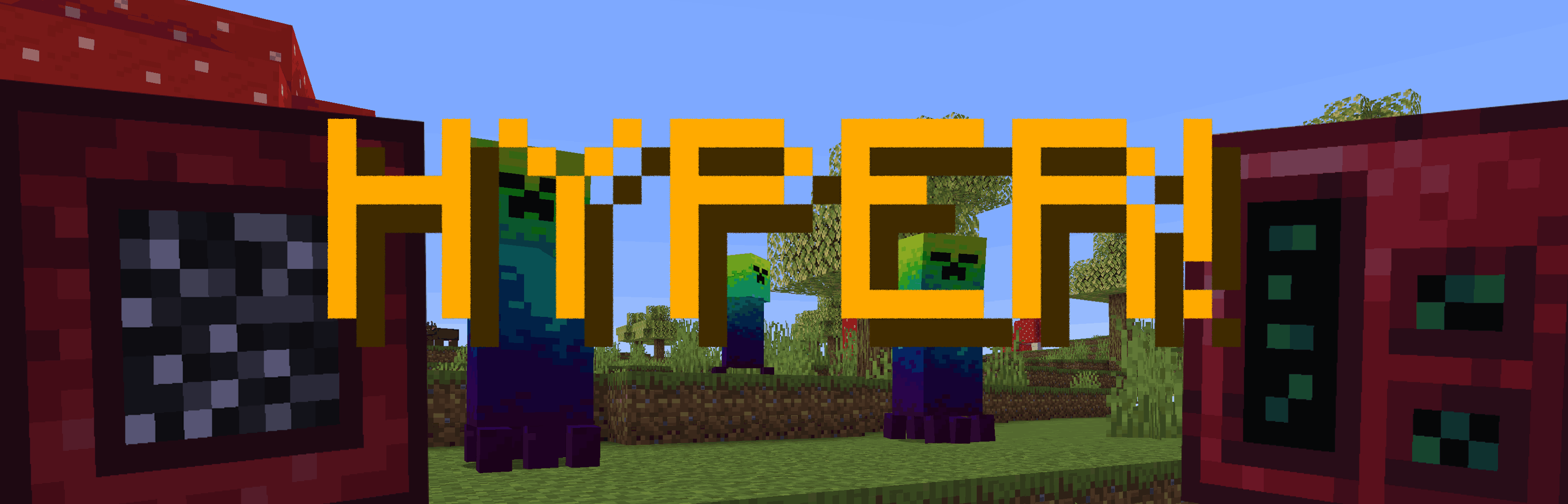 the word "HYPER!" with two machines on either side and strange creeper-esuque mobs behind it.