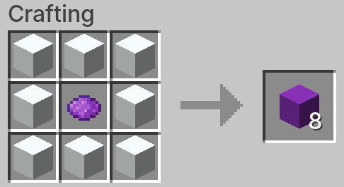 A 3x3 crafting grid with a purple dye surrounded by white glowing blocks, resulting in eight purple glowing blocks