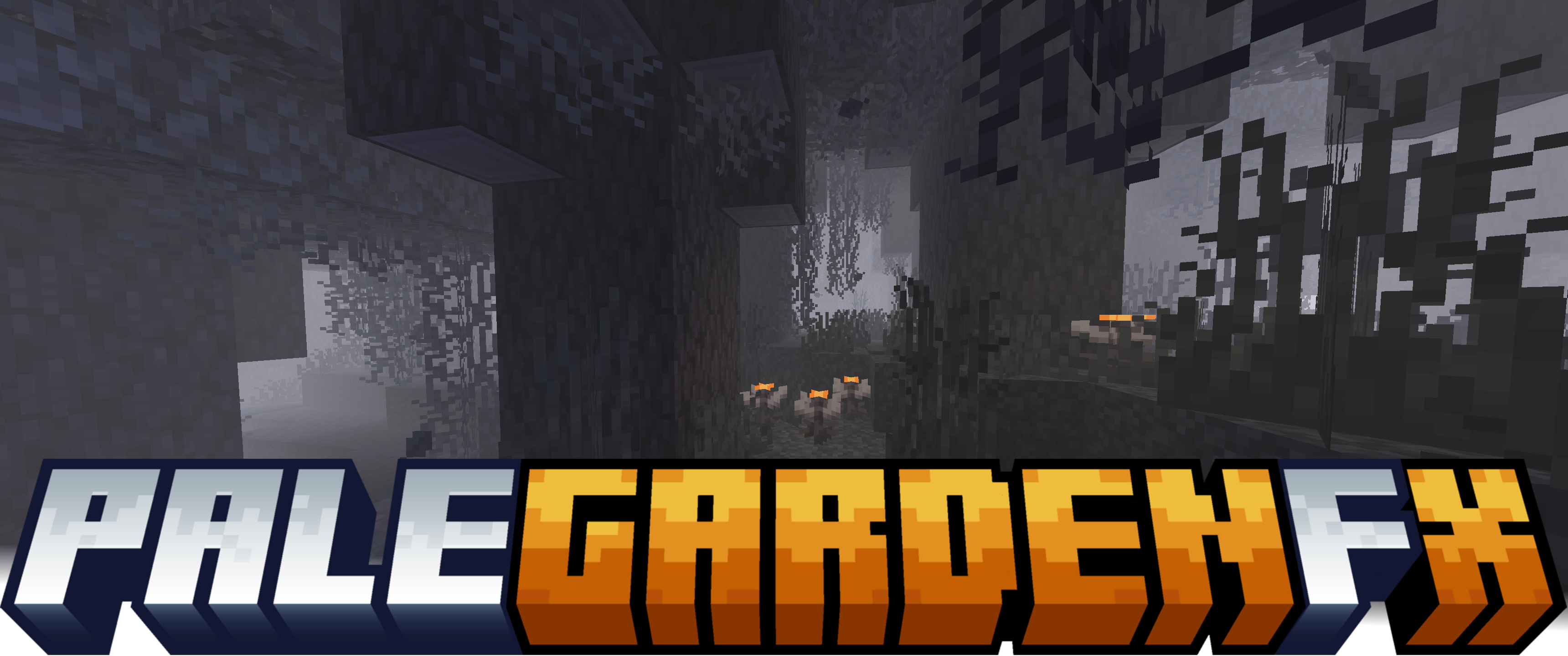 A screen shot of a Minecraft Pale Garden biome, it is foggy, there a glowing Eyeblossoms and a few falling leaves. At the bottom in alternativing white & orange blocky text are the words Pale Garden FX
