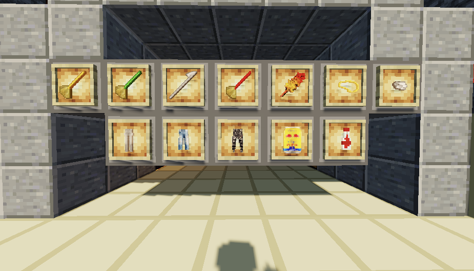 In-game showcase of the custom Vietnamese-themed BedWars items, including weapons, armor, bows, arrows, and consumables displayed in item frames.