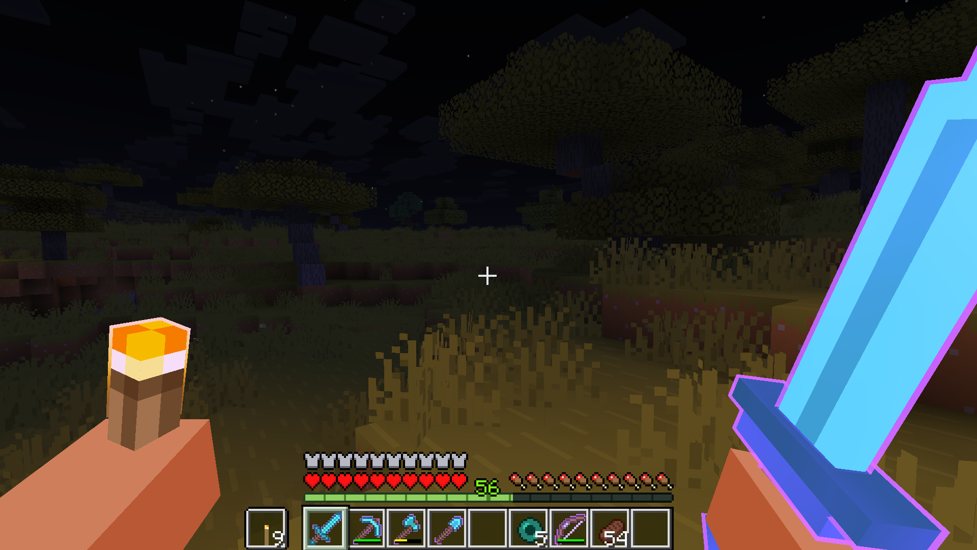 Player in a savannah biome at night holding an enchanted diamond sword with purple outline